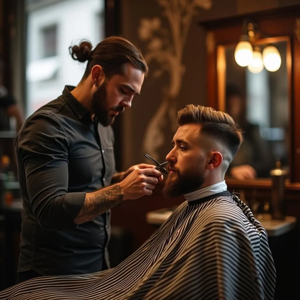 Barbero trabajando en un corte clásico