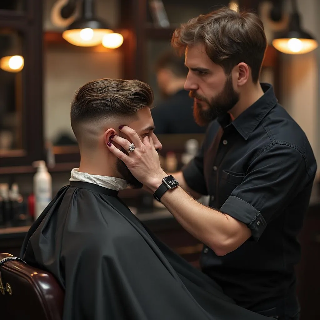 Barbero trabajando con cliente