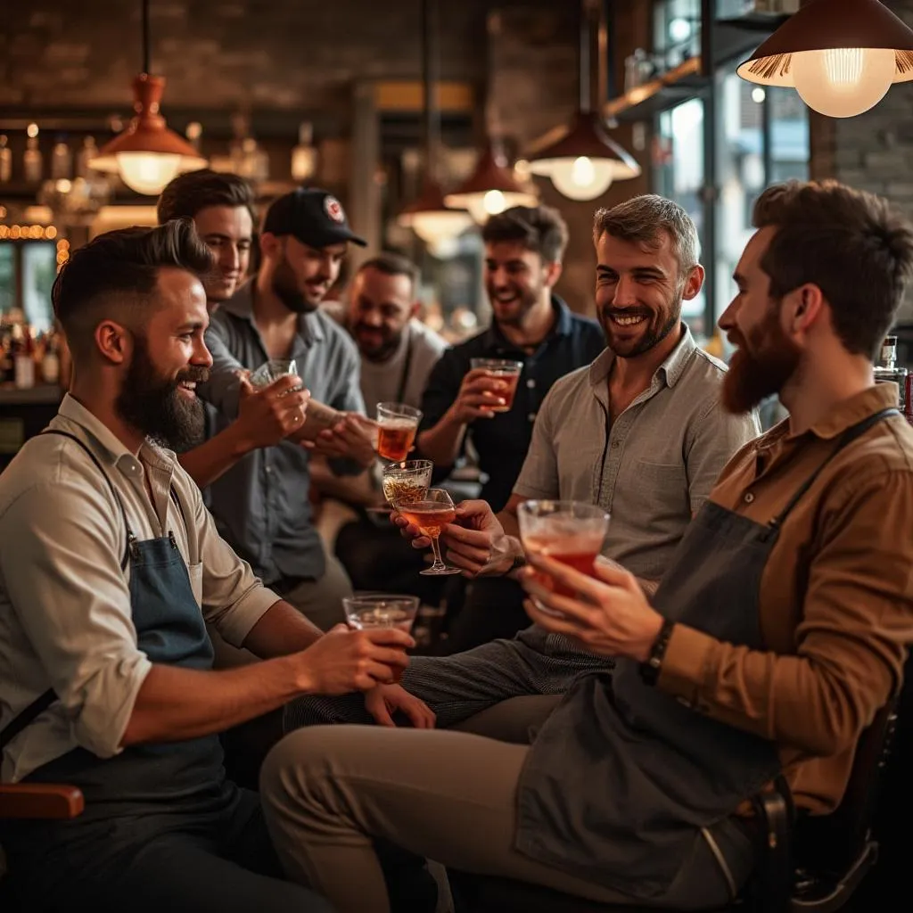 Grupo de amigos en el bar de la barbería